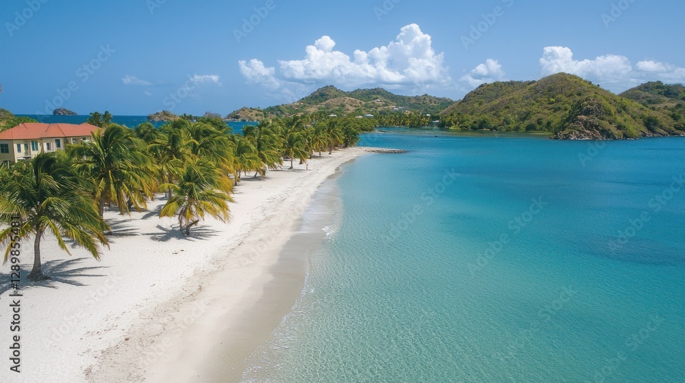 Aerial view of tropical beach with palm trees, houses, and clear turquoise water Aerial view of tropical beach with palm trees, houses, and clear turquoise water