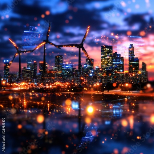 Wallpaper Mural Breathtaking panoramic view of an illuminated modern city skyline with tall skyscrapers and office buildings reflected in the calm water at dusk Torontodigital.ca