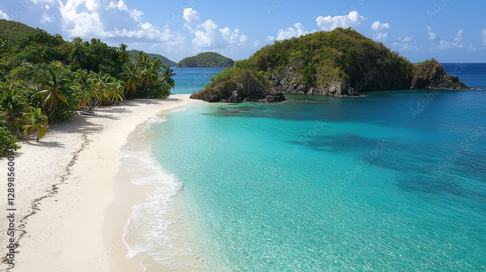 Tropical island beach, aerial view, pristine white sand, turquoise water, lush vegetation