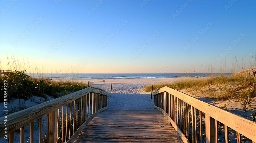 Obraz premium Wooden Walkway Leading to a Sandy Beach at Sunset