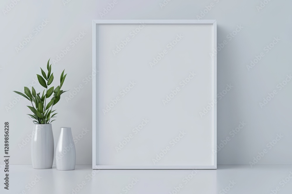 A minimalist interior scene featuring a blank frame and two vases with greenery against a light-colored wall. A minimalist interior scene featuring a blank frame and two vases with greenery against a light-colored wall.