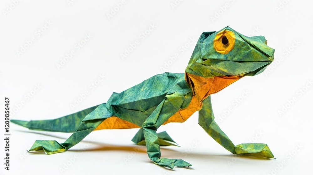 Fototapeta premium The Green and Yellow Origami Lizard Posed on White Background
