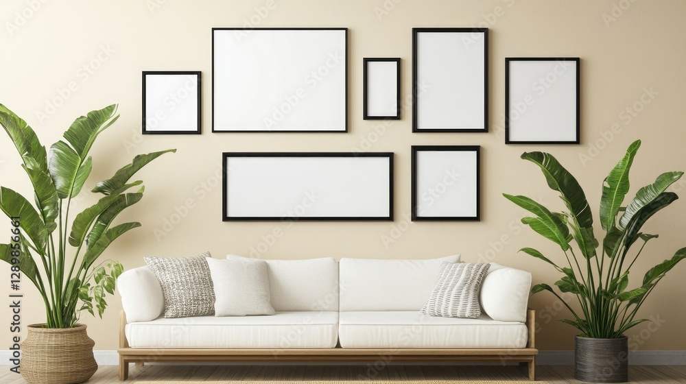 Naklejka premium A stylish mockup of a photo frame gallery wall with various frame sizes and orientations in a modern living room, perfect for showcasing artwork.