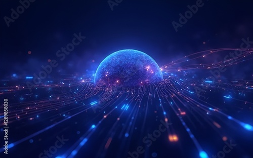 Dynamic particle effects or flowing light represent the speed of artificial intelligence and the internet.
