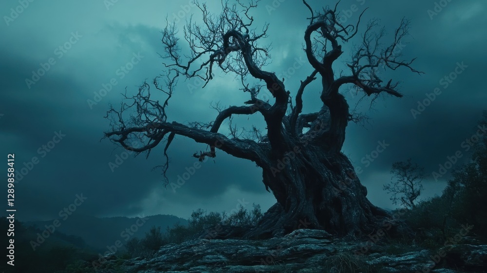 A large ancient tree against a moody dramatic sky A large ancient tree against a moody dramatic sky