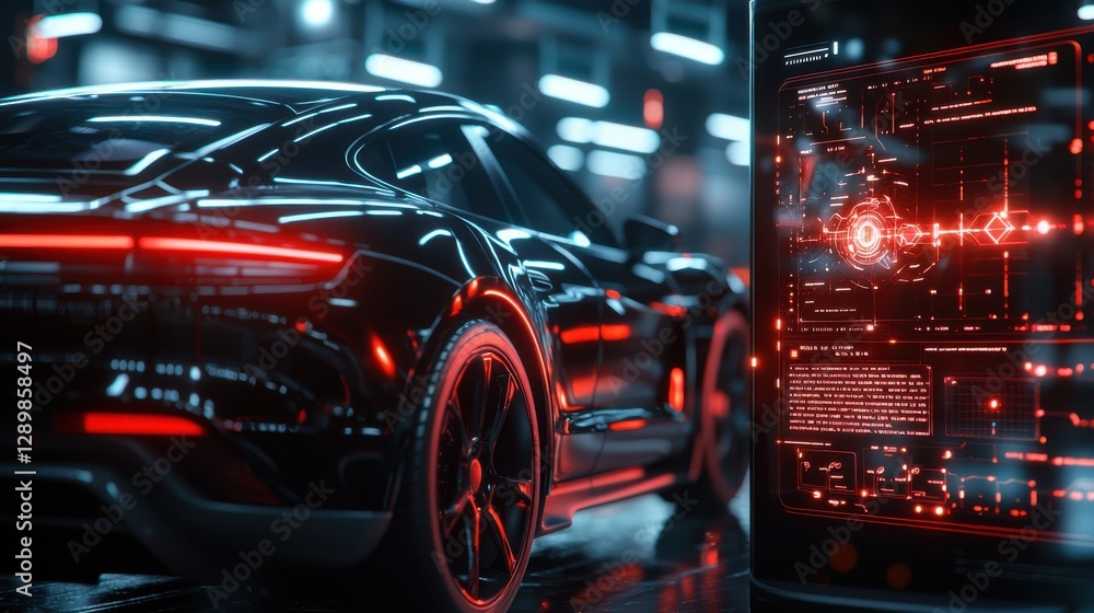 Stunning 3D rendering of a sleek high performance futuristic supercar in a glowing neon lit landscape set against a backdrop of a dynamic digital matrix and information network Stunning 3D rendering of a sleek high performance futuristic supercar in a glowing neon lit landscape set against a backdrop of a dynamic digital matrix and information network