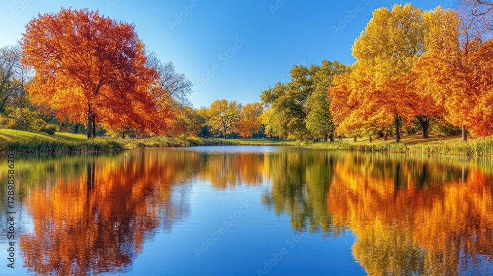 Autumnal Serenity: A picturesque lake reflecting vibrant fall foliage, creating a breathtaking scene of nature's beauty. Autumnal Serenity: A picturesque lake reflecting vibrant fall foliage, creating a breathtaking scene of nature's beauty.