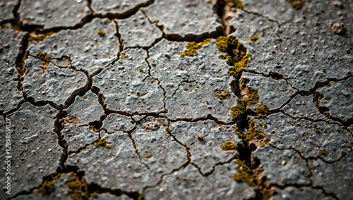 Cracked concrete Deep fissures Weathered texture Moss growth Crevices Aged surface
