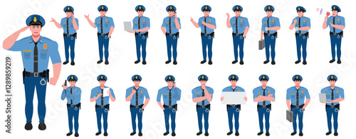 
Police Officer Character Design Model Sheet. Man, Character design. Front, side, back view and explainer animation poses. Character set with lip sync and Walk cycle animation sequences.
