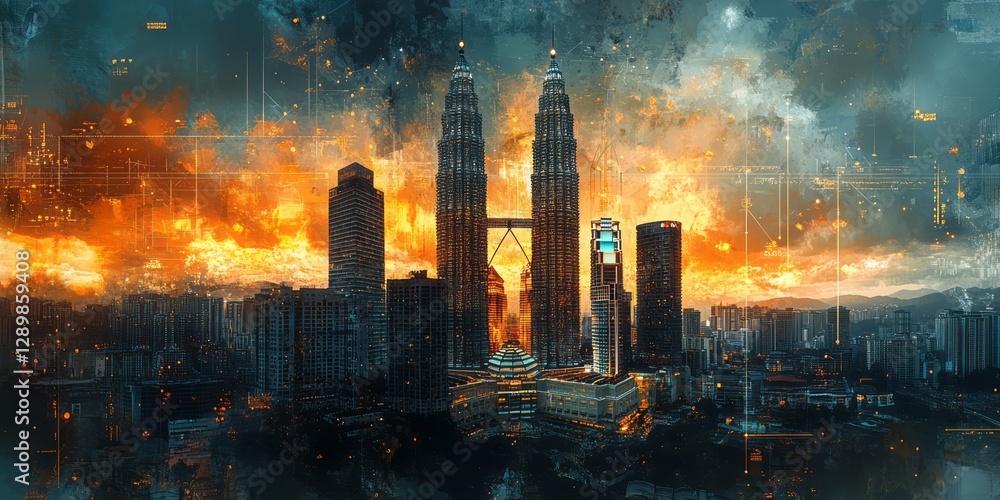 Fototapeta premium Majestic twin towers stand amidst a vibrant and dynamic cityscape