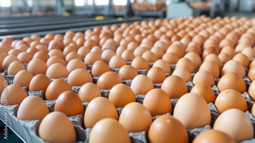 Rows of brown eggs on conveyor belt, ready for packaging and distribution in factory. Rows of brown eggs on conveyor belt, ready for packaging and distribution in factory.