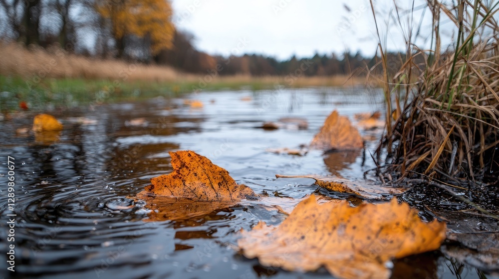 Obraz premium Autumn leaves floating on a flooded creek