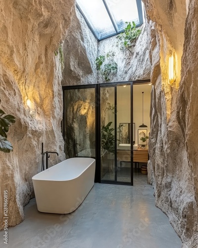 Modern Bathroom Interior With Freestanding Bathtub Glass Door And Stone Texture Walls