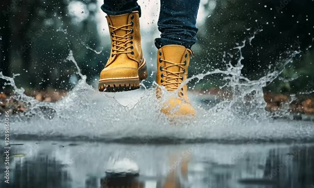 Joyful Leap in Rainy Day: Yellow Boots Splashing in Puddle Joyful Leap in Rainy Day: Yellow Boots Splashing in Puddle
