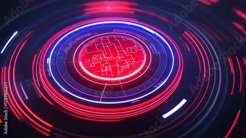 Glowing Red and Blue Digital Interface with Circular Patterns and Geometric Shapes Futuristic Technology Display Featuring High Tech Sci Fi Themes and Dynamic Immersive Visual Experience
