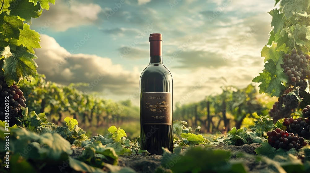 Fototapeta premium A wine bottle mockup positioned in front of a lush, green vineyard, with daylight illuminating the scene, perfect for wine packaging or branding photoshoots.