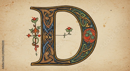Illuminated Capital Letter D: Medieval Calligraphy Art