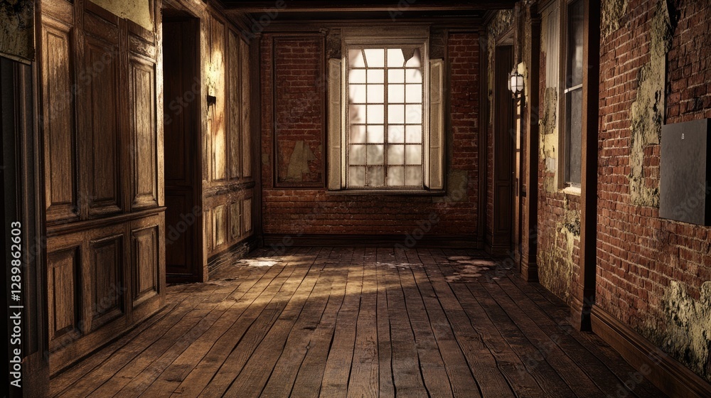 An abandoned mansion with wooden floorboards, dim lighting, and exposed brick walls, featuring damp, mouldy walls that evoke a sense of neglect and mystery. An abandoned mansion with wooden floorboards, dim lighting, and exposed brick walls, featuring damp, mouldy walls that evoke a sense of neglect and mystery.