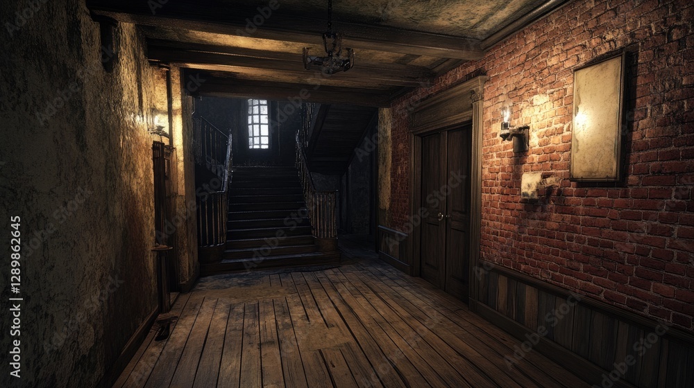 An abandoned mansion with wooden floorboards, dim lighting, and exposed brick walls, featuring damp, mouldy walls that evoke a sense of neglect and mystery. An abandoned mansion with wooden floorboards, dim lighting, and exposed brick walls, featuring damp, mouldy walls that evoke a sense of neglect and mystery.