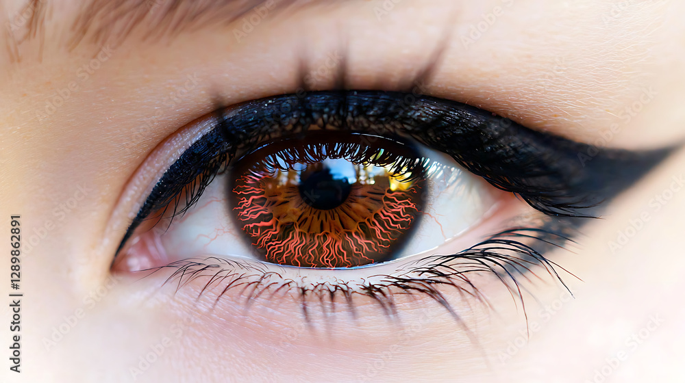 Obraz premium A woman's eye with a black eyeliner and a red eye color. generated using AI