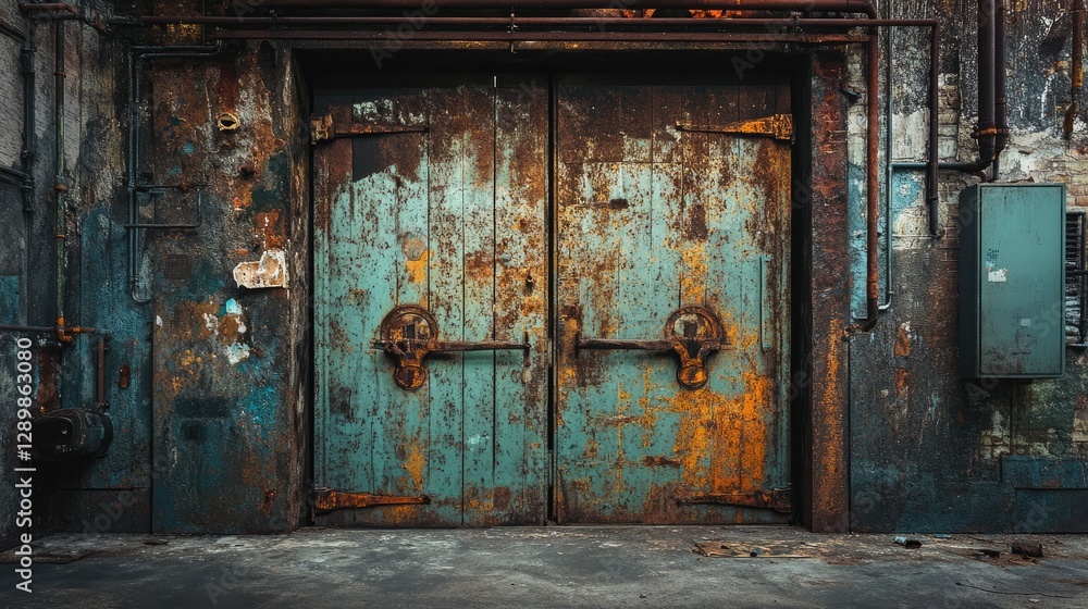 An industrial scene of a weathered metal gate with rusty hinges, the peeling paint and age worn look creating a haunting and evocative atmosphere in a deserted alley. An industrial scene of a weathered metal gate with rusty hinges, the peeling paint and age worn look creating a haunting and evocative atmosphere in a deserted alley.
