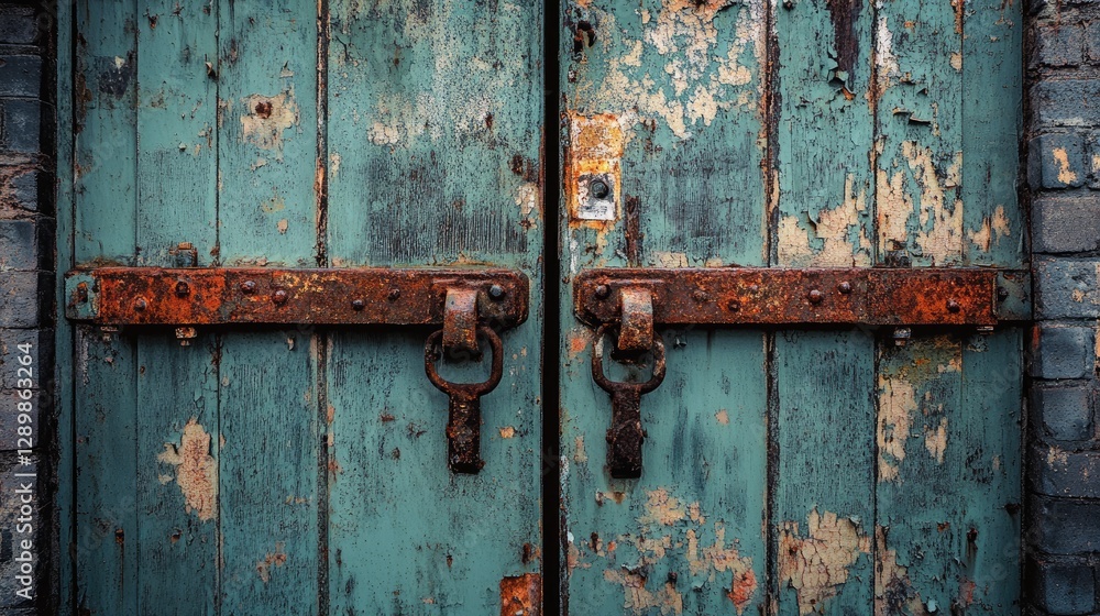 An old metal gate with rusty hinges, covered in peeling paint, standing in an eerie, deserted alley, evoking an atmosphere of industrial history and neglect. An old metal gate with rusty hinges, covered in peeling paint, standing in an eerie, deserted alley, evoking an atmosphere of industrial history and neglect.