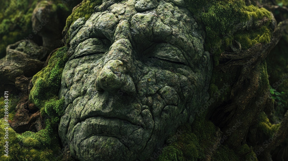 An old stone face with intricate features, crowned by vibrant moss, blending the forces of nature and time in a serene, contemplative scene. An old stone face with intricate features, crowned by vibrant moss, blending the forces of nature and time in a serene, contemplative scene.