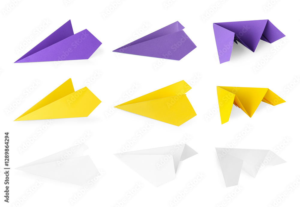 Paper planes in different colors on white background, set Paper planes in different colors on white background, set