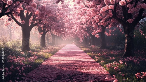 Cherry blossoms gently fall from trees onto a tranquil forest path, creating a soft, pink carpet that captures the beauty of spring in nature. photo