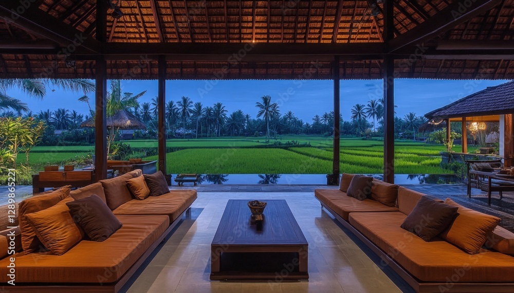 Modern Lounge Interior With Rice Field Landscape Exterior View Under Moody Lighting
