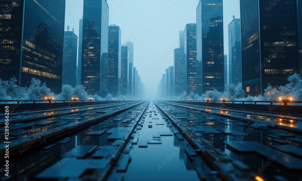 Obraz premium Futuristic Cityscape: Rainy Night in Metropolis - Cyberpunk aesthetics