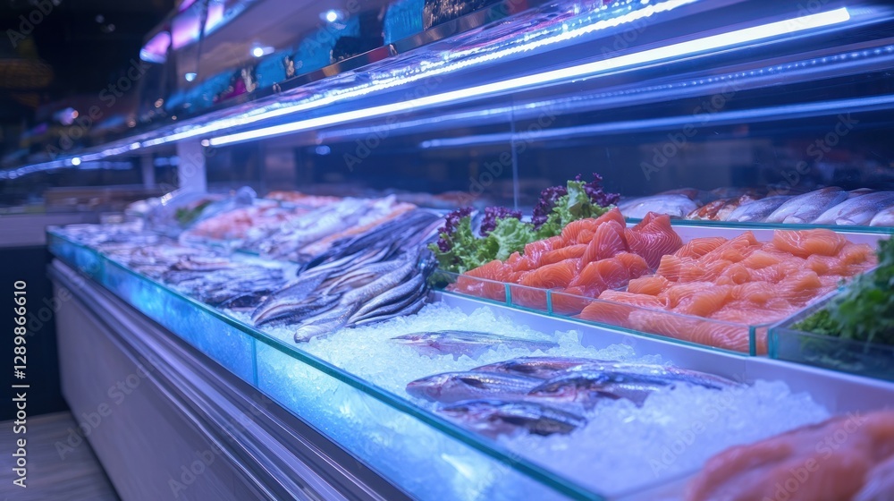 Fresh seafood display in a refrigerated case, with various types of fish and sliced salmon on ice. Fresh seafood display in a refrigerated case, with various types of fish and sliced salmon on ice.