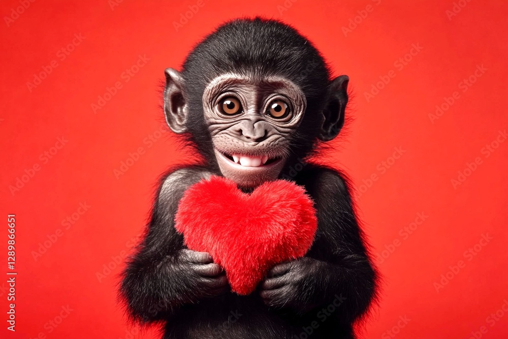 Promotion visual idea pattern. Baboon - my treasured animal. Ad campaign concept. Cute baboon baby with fluffy red heart - sign of love, funny greeting card. Zoo animals in love. Love concept. Promotion visual idea pattern. Baboon - my treasured animal. Ad campaign concept. Cute baboon baby with fluffy red heart - sign of love, funny greeting card. Zoo animals in love. Love concept.