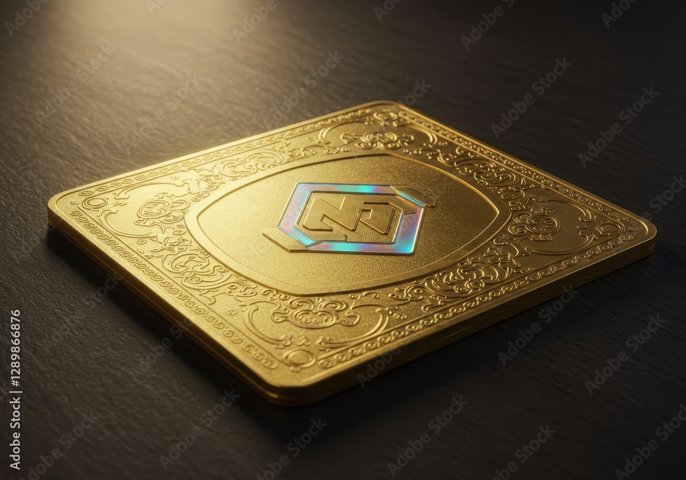 A unique, gold-embossed NFT membership card with intricate digital engraving and a holographic effect A unique, gold-embossed NFT membership card with intricate digital engraving and a holographic effect