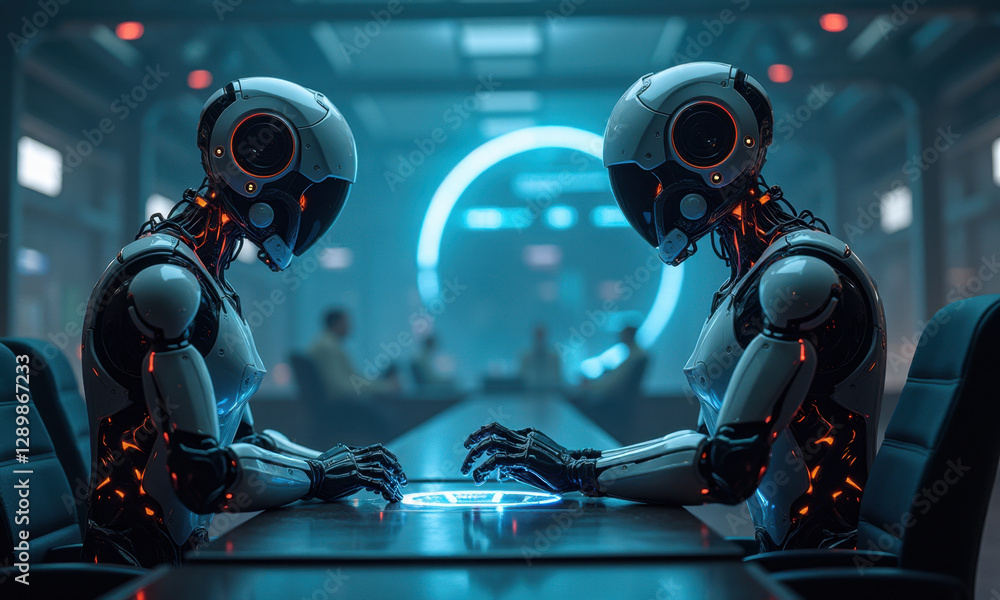 Fototapeta premium Futuristic Robots AI Meeting Technology Concept - Artificial Intell.