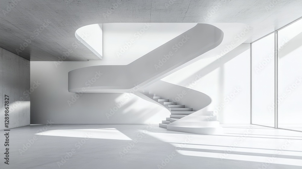 Obraz premium The elegant entrance hall of a modern loft, showcasing minimalist design with a stunning staircase, clean lines, and high-fidelity details from an eye-level perspective.