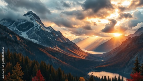 Majestic Mountain Landscape at Sunset with Dramatic Clouds and Sunbeams in Autumn Colors