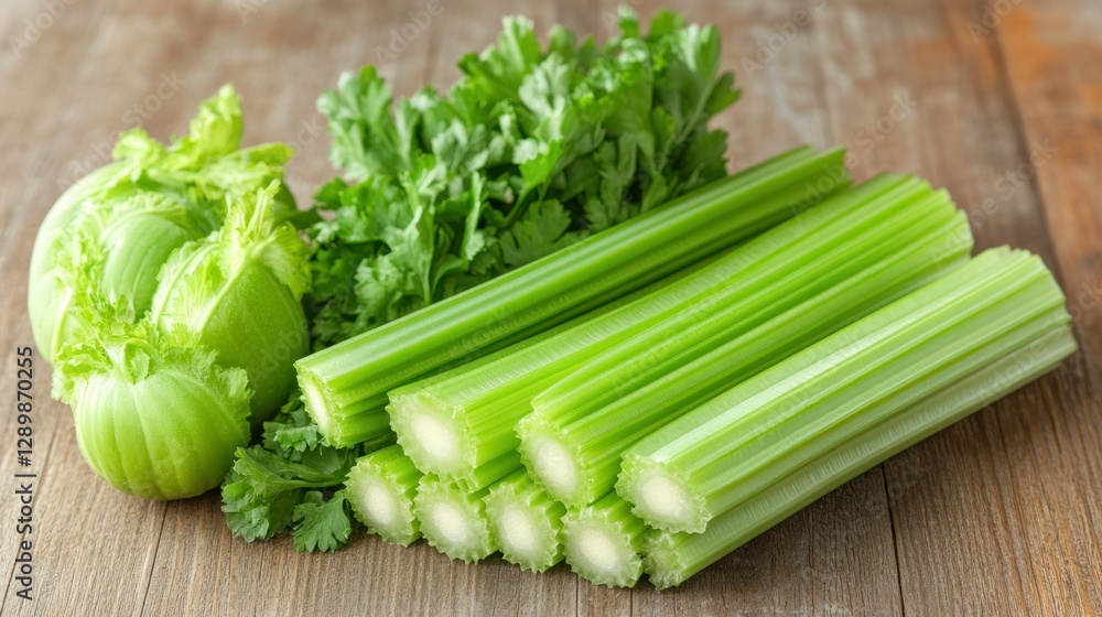Fresh Green Celery and Celery Root with Parsley on Wooden Table Fresh Green Celery and Celery Root with Parsley on Wooden Table