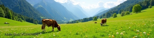 Idyllic spring scene with grazing cows in picturesque Swiss meadow, landscape, spring, Alps