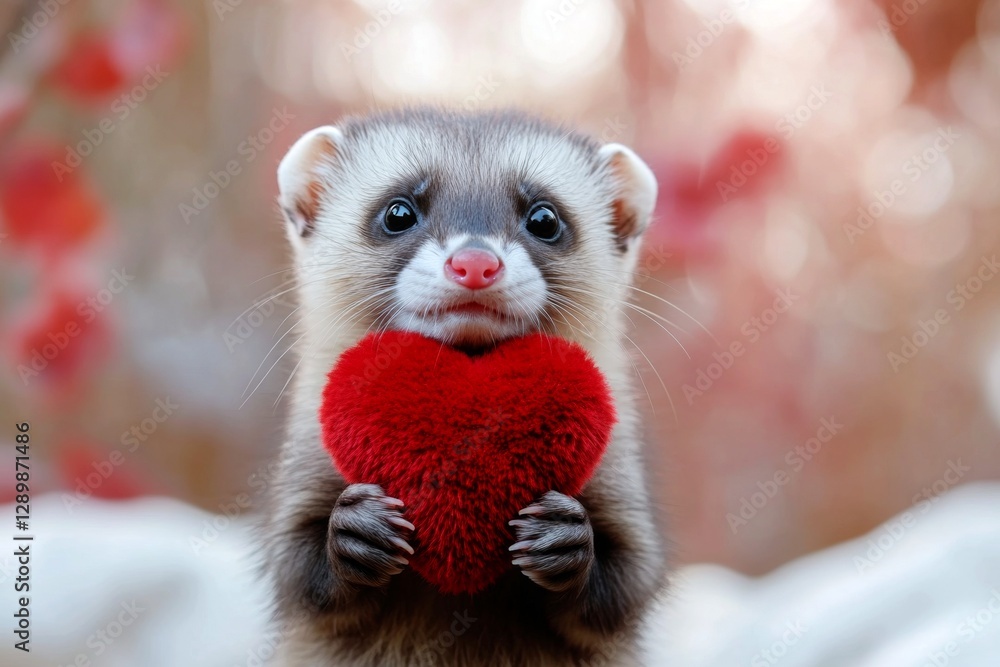 Ad animal conceptual art. Cute ferret baby with animal toy red heart on in a natural habitat. Ferret - my preferred animal. Sweetheart animals in nature. Nature-inspired valentine's greeting. Ad animal conceptual art. Cute ferret baby with animal toy red heart on in a natural habitat. Ferret - my preferred animal. Sweetheart animals in nature. Nature-inspired valentine's greeting.