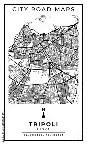 Black and white printable road map of Tripoli city Libya banner poster design with coordinate position location, vector illustration