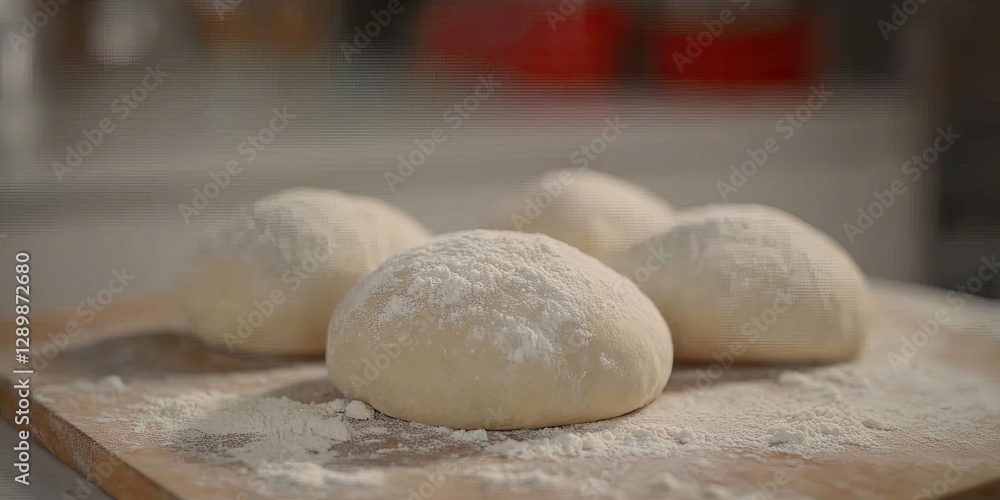 Fototapeta premium Flour-dusted dough balls on wood board, kitchen background, baking prep