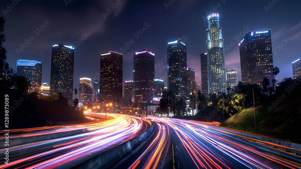 Fototapeta premium Night City Skyline with Light Trails and Traffic on Highway