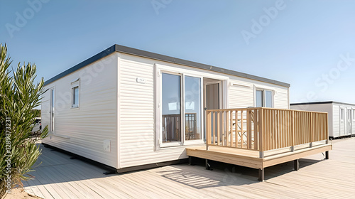 White Mobile Home with Wooden Deck on Sandy Ground