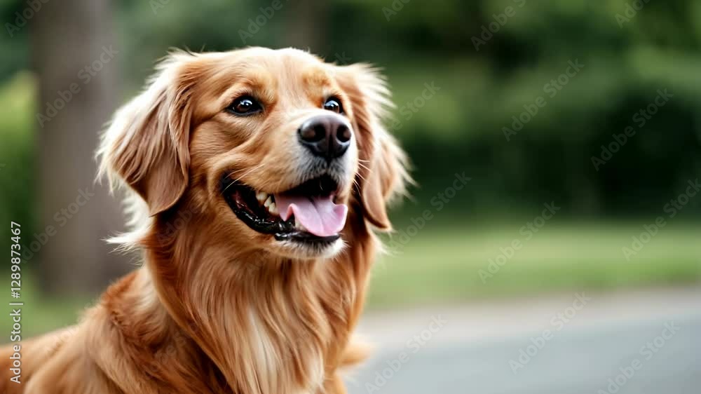 Happy golden retriever dog smiling outdoors in natural park setting. Playful purebred pet portrait showing positive emotion and friendly expression in green space