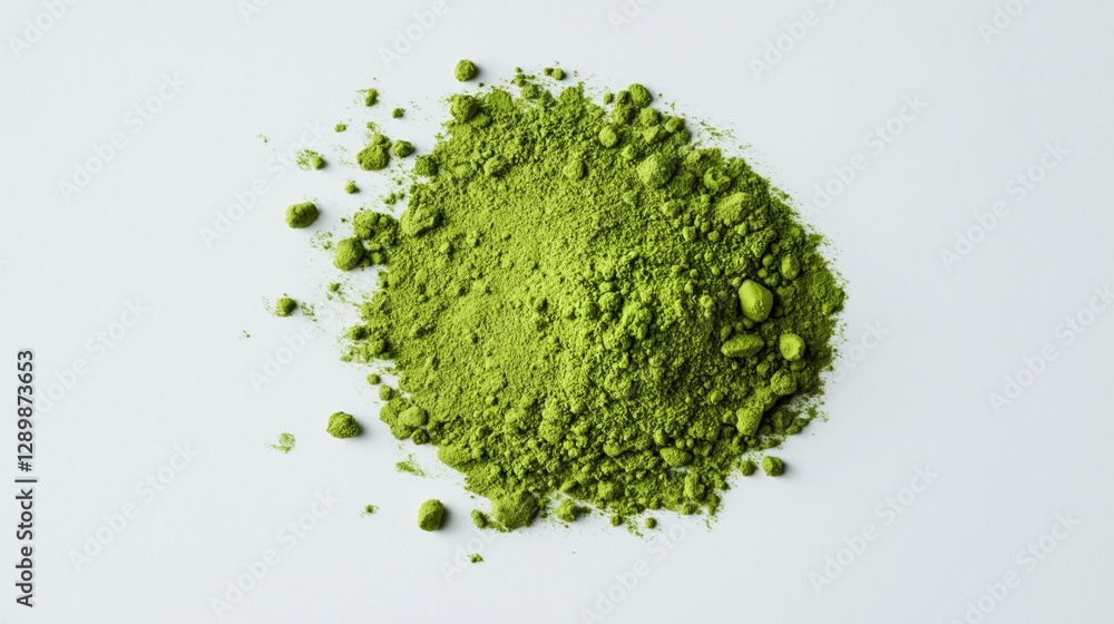 Bright green powdered matcha tea placed on a clean surface, ready for culinary use or beverage preparation. Bright green powdered matcha tea placed on a clean surface, ready for culinary use or beverage preparation.