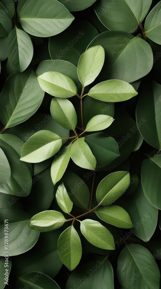 Close-Up of Lush Green Foliage with Glossy Leaves and Intricate Vein Network Close-Up of Lush Green Foliage with Glossy Leaves and Intricate Vein Network