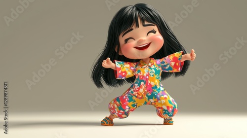 Joyful cartoon girl in colorful pajamas, studio shot, soft light background