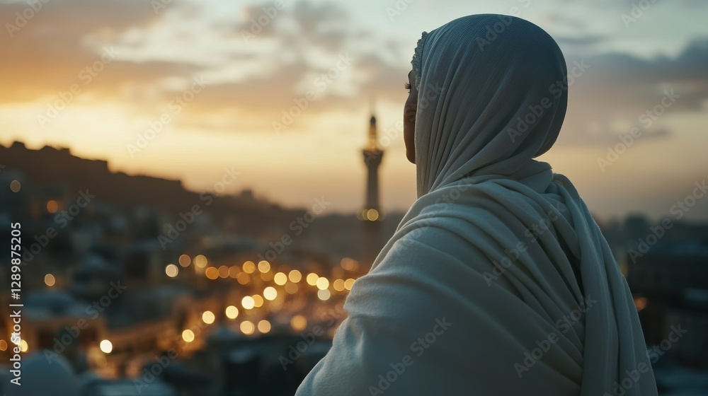 Fototapeta premium Woman in Hijab Gazing at Cityscape During Golden Hour Sunset