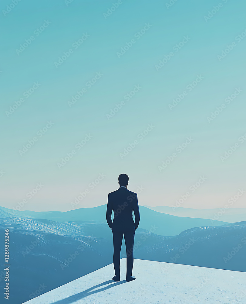 a businessman wearing a blue color suit and standing on top of a mountain summit at sunrise symbolizing reflection success and new beginnings mind fresh nature landscape